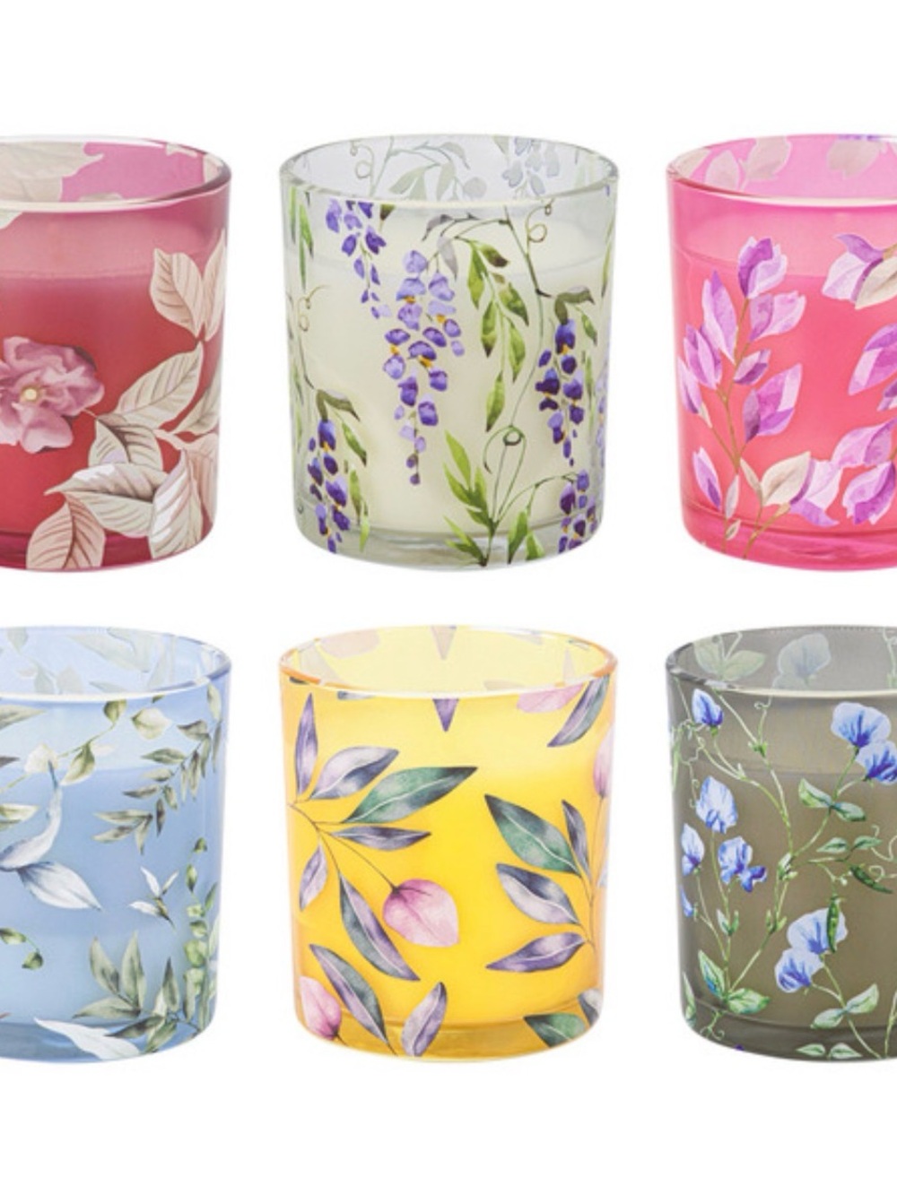 (Ew) Simply indulgent 6 Assorted Floral Glass Candle Holders - Multicolor Set